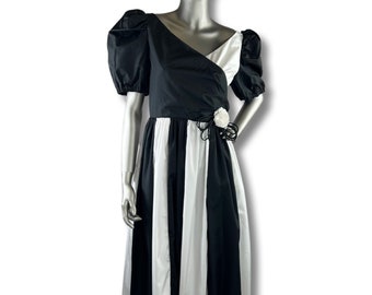 Vintage 1980’S Black And White Striped Gown By Anne Gerard Medium