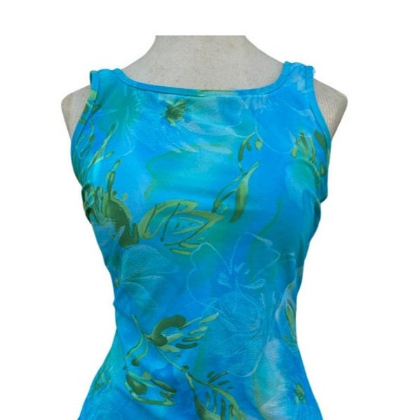 Vintage Teal Blue Floral Bathing Suit, One Piece Swimsuit Size 12, Christina 80s Swimsuit