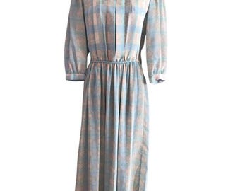 Vintage Jonathan Martin Dress, 1980s Light Blue Plaid Casual Dress Size Medium