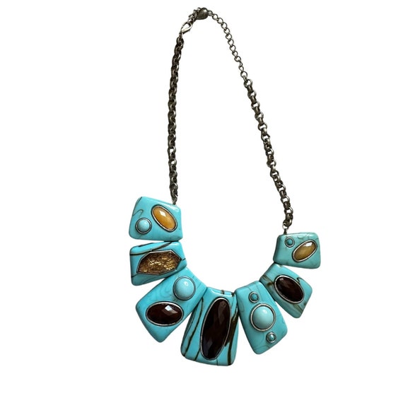 Faux Turquoise and Gemstones Chunky Bib Collar Ne… - image 2