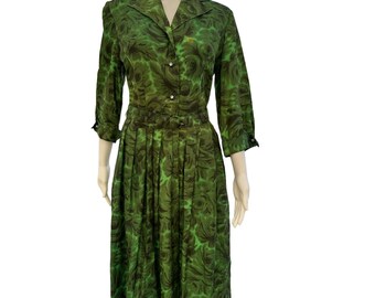 Vintage Toni Todd Green Cotton Floral 1950s Day Dress Medium