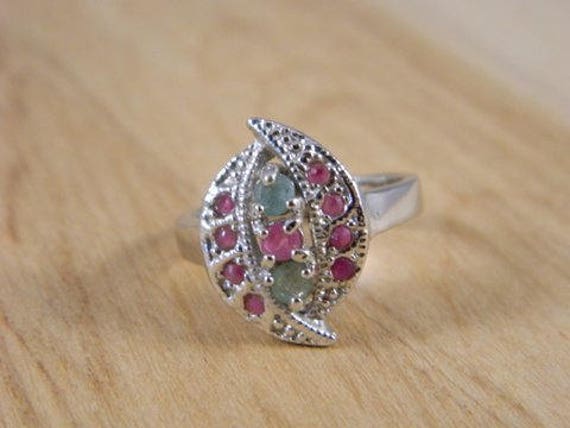Emerald and Ruby Ring, Vintage Sterling Silver Eme