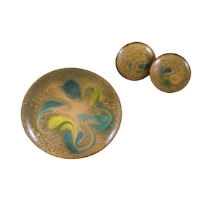 Vintage Enamel Copper Jewelry Set: Brooch and Screwback Earrings