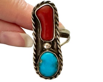 Vintage Sterling Silver Southwestern Turquoise Coral Ring Sz 6.5