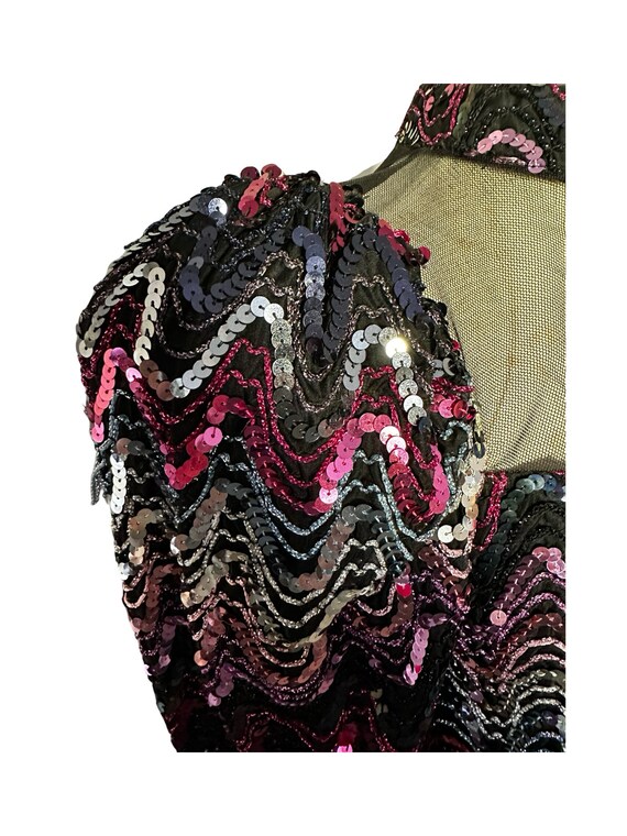 80s Pink Sequin Black Mesh Party Blouse SM/MED - image 4