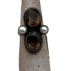 Vintage Topaz Sterling Silver Ring, Sterling Silver Brown Gemstone Ring, Topaz and Pearl MultiStone Ring Sz 6.25, Vintage Silver Ring