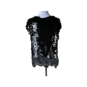 Vintage Black Silk Top with Beading, Large Sequin Discs Size Large