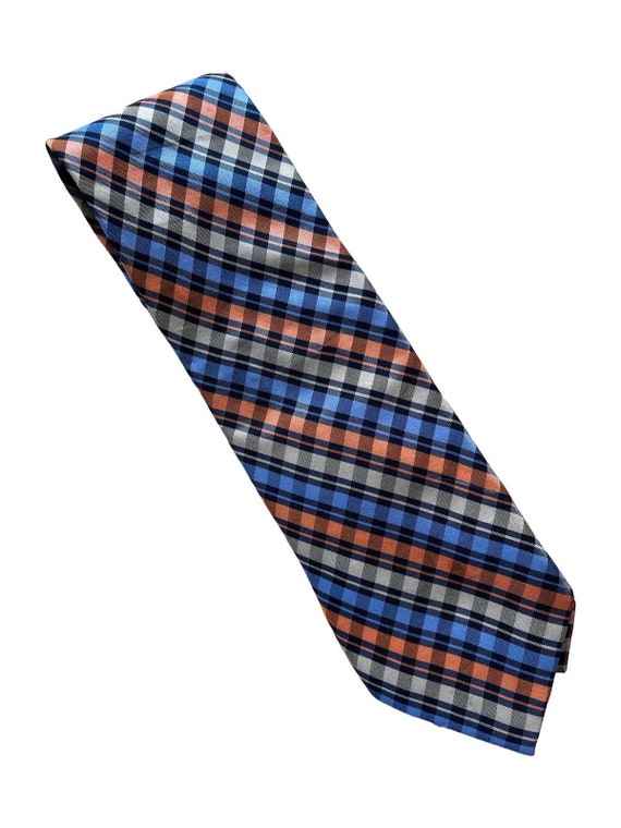 Vintage Chaps Orange Blue Checks 90s Silk Necktie