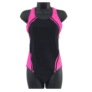 Vintage Black and Neon Pink 90s Bathing Suit, One Piece Swimsuit Size Medium Tall, Black Swimwear, Vintage Swimsuit