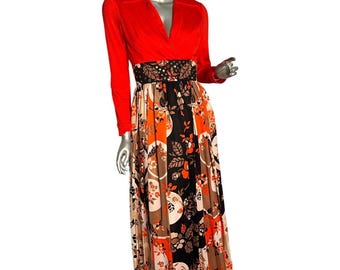 Vintage 1970s Miss Theme Floral Maxi Dress with Jeweled Waistband Small