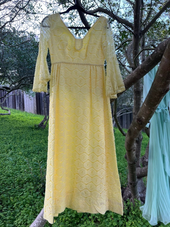 Vintage Yellow Boho Lace Maxi Dress With Bell Sle… - image 8