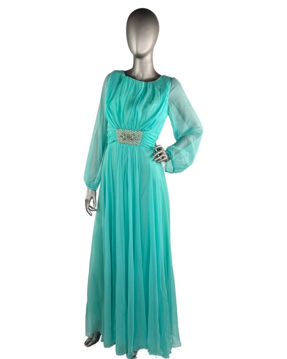 Vintage 1960’S-70’S Aqua Blue Chiffon Maxi Dress W