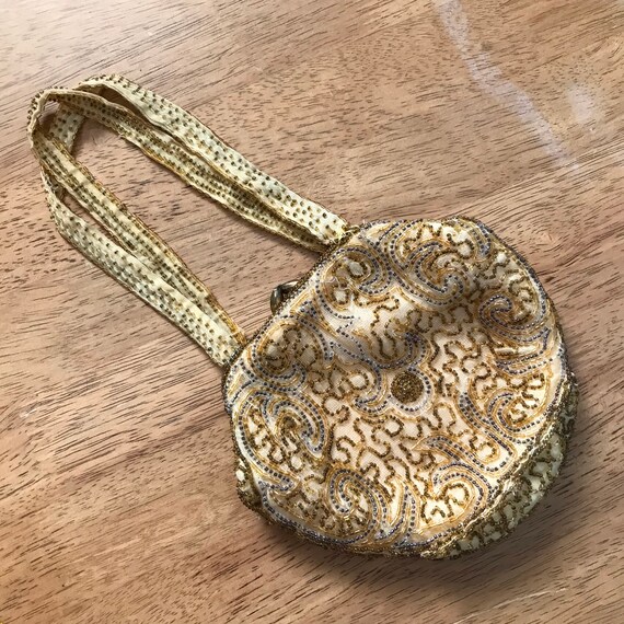 Antique Gold Beaded Clutch Purse, Vintage 1920s H… - image 2