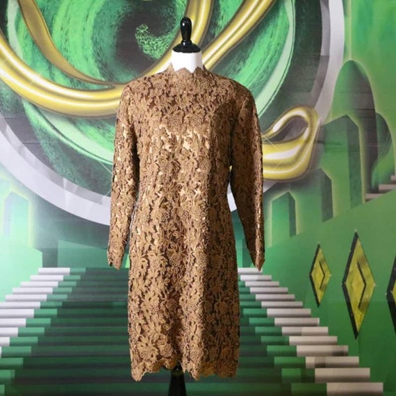 1980s Brown Lace and Mesh Long Sleeve Lace Cockta… - image 7