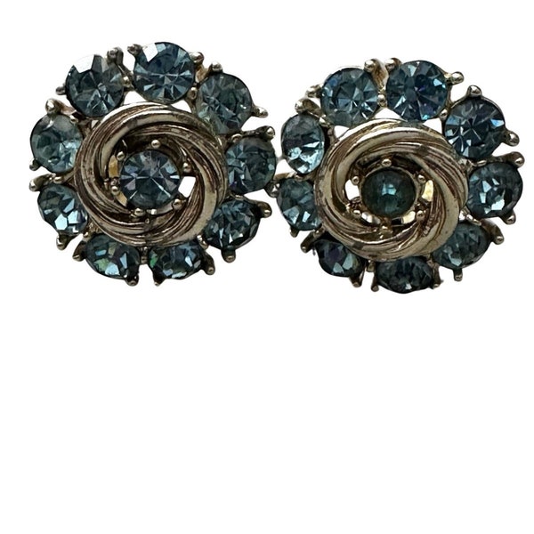 Vintage Lisner Blue Rhinestone Clip On Earrings