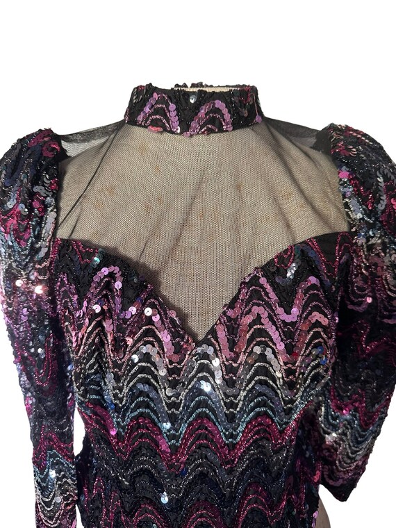 80s Pink Sequin Black Mesh Party Blouse SM/MED - image 2