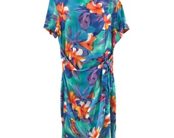 Vintage KC Spencer Tropical Print Faux Wrap Dress Large