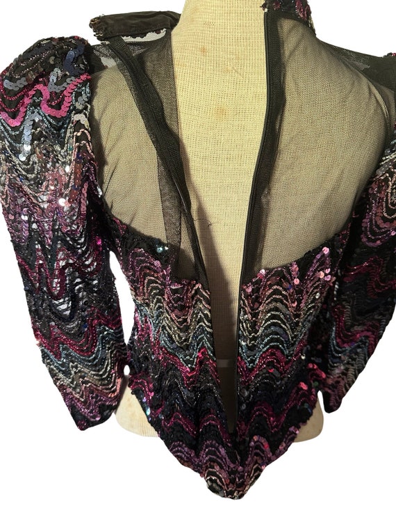 80s Pink Sequin Black Mesh Party Blouse SM/MED - image 7