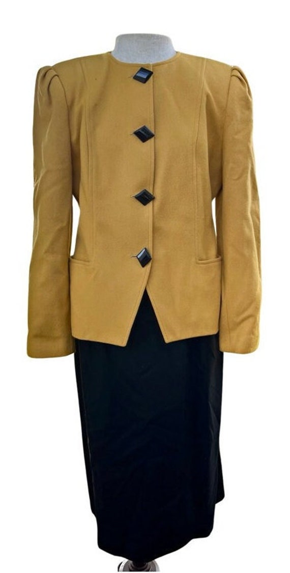 Vintage Oleg Cassini 80s Two Piece Womens Suit, Mustard and Black