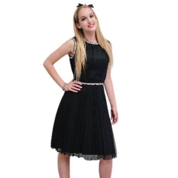 Vintage 60s Little Black Dress Trimmed in Metalli… - image 1