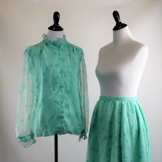 Vintage 70s Seafoam Chiffon Floral Print Blouse a… - image 2