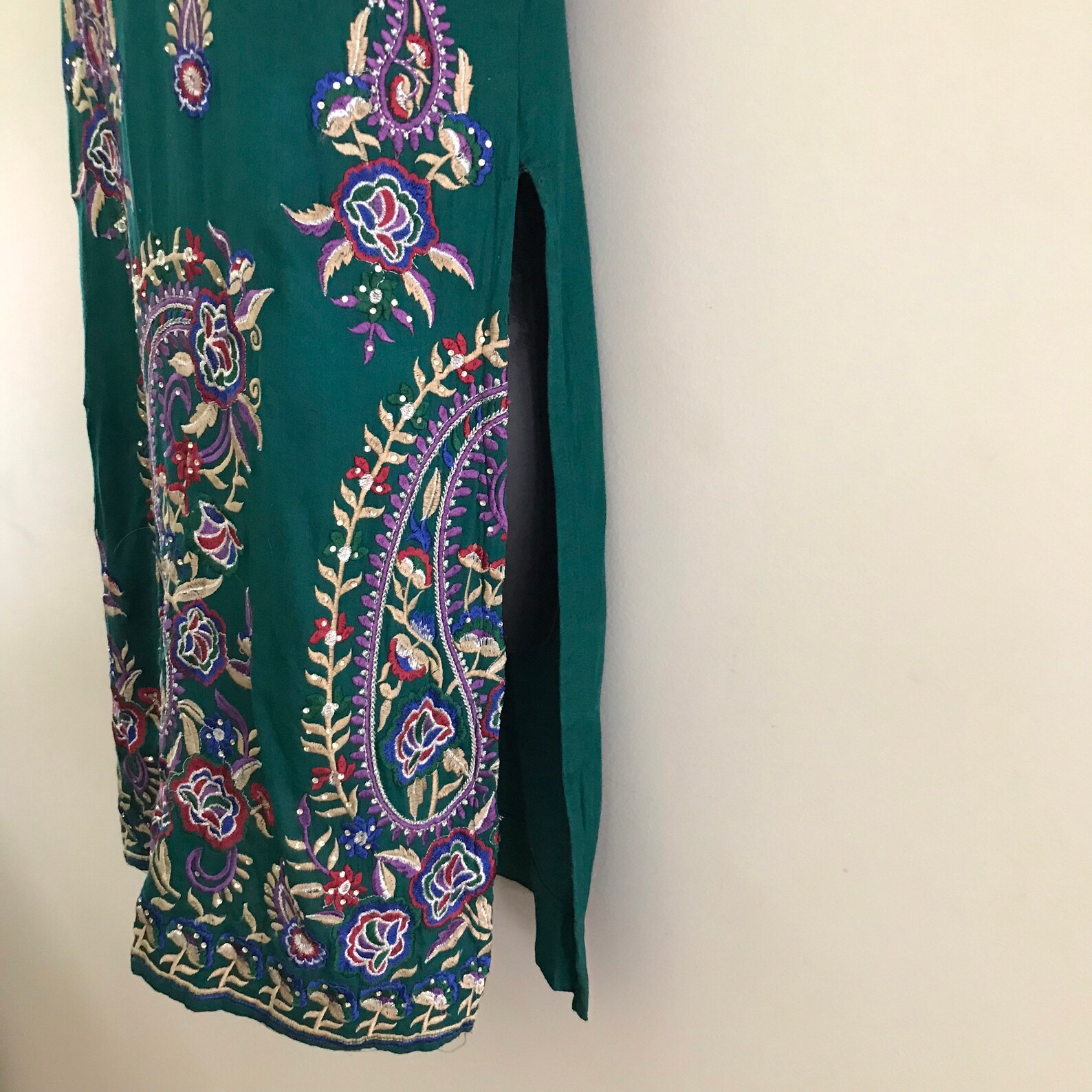 Embroidered Green Dress Paisley Print Dark Green Dress Etsy