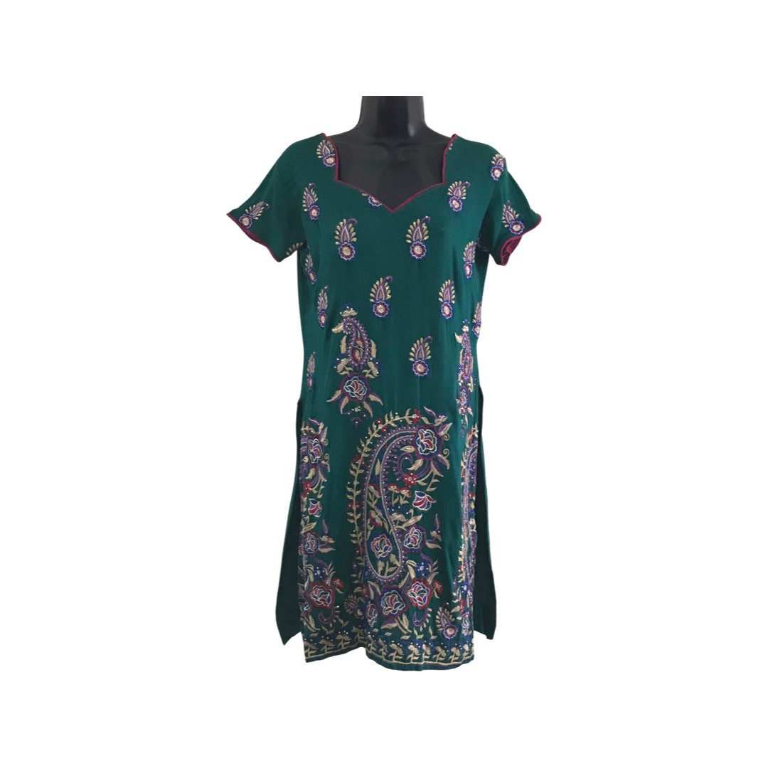 Embroidered Green Dress, Paisley Print Dark Green Dress, Casual Summer