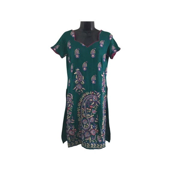 Embroidered Green Dress, Paisley Print Dark Green… - image 1