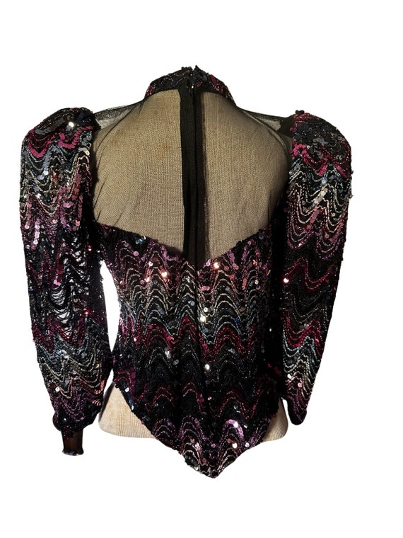 80s Pink Sequin Black Mesh Party Blouse SM/MED - image 6