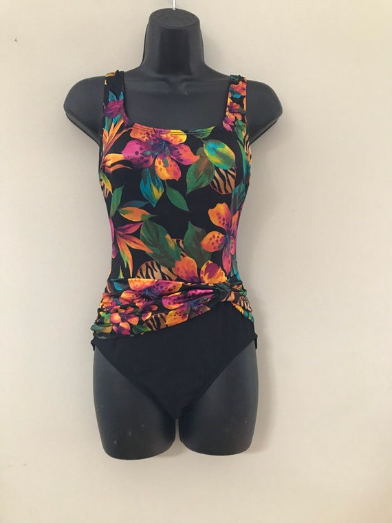 Vintage Black And Neon Floral 80s Bathing Suit One Piece Etsy Uk
