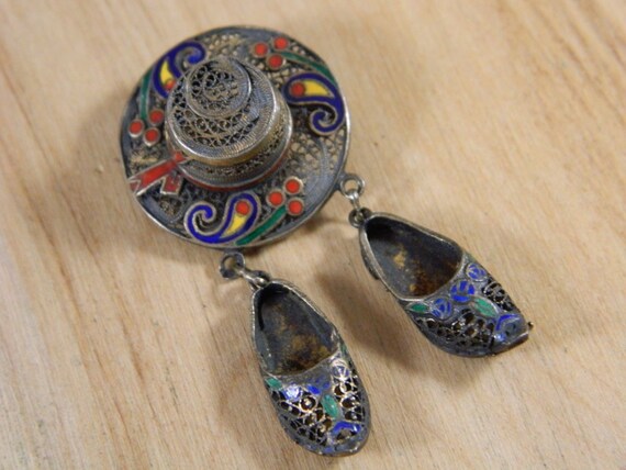 Sterling Silver and Enamel Hat and Shoes Brooch, … - image 2