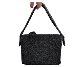 Vintage 1950s Black Beaded Handbag with Strap