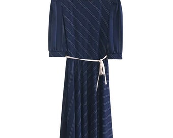 Vintage 80s Blue White Striped Dress Large/XL