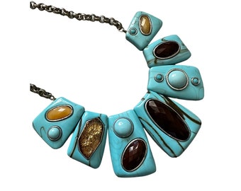 Faux Turquoise and Gemstones Chunky Bib Collar Necklace