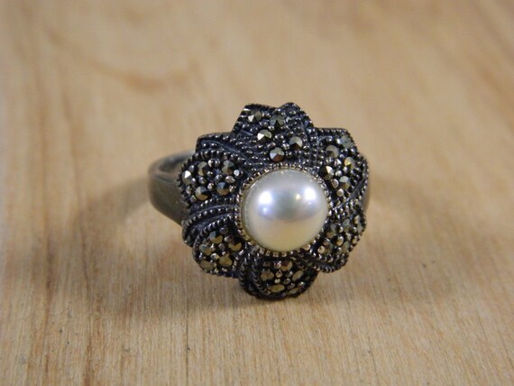 Sterling Silver Freshwater Pearl and Marcasite Rin
