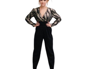 Black and Gold 70s Jumpsuit Wore by Tori Spelling Size Small