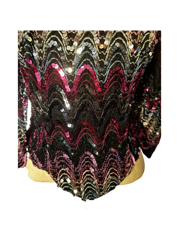 80s Pink Sequin Black Mesh Party Blouse SM/MED - image 3