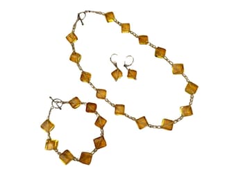 Yellow Glass Three Piece Jewelry Set Necklace, Bracelet, Earrings