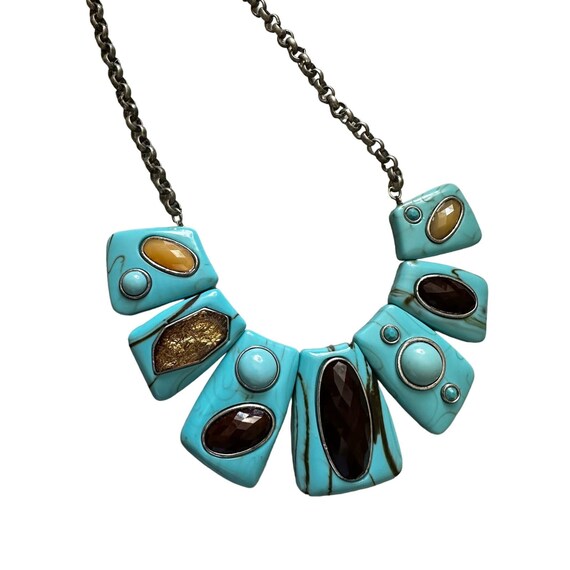 Faux Turquoise and Gemstones Chunky Bib Collar Ne… - image 3