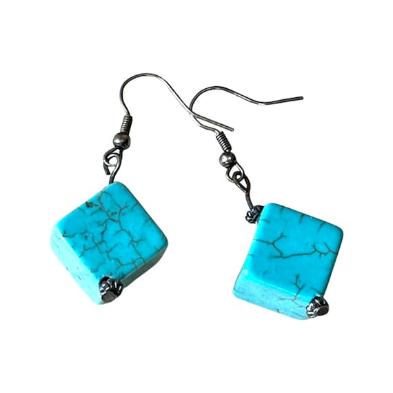 Sterling Silver Blue Turquoise Earrings, Vintage … - image 1