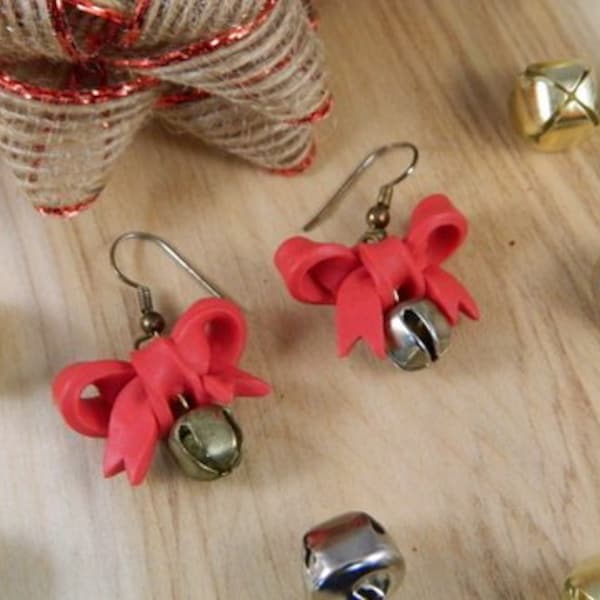 Vintage Christmas Bow Jingle Bell Earrings, Red Ribbon Holiday Hook Earrings, 1970s Christmas Jewelry, Vintage Christmas Earrings, Bell Bow