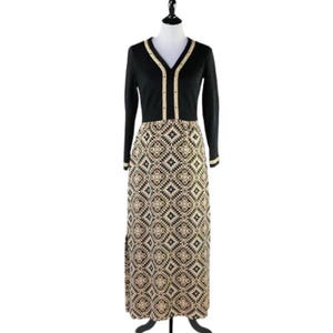 Vintage Black R&K Knits Hostess Evening Gown with Metallic Gold Printed Skirt Size M