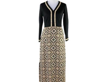 Vintage Black R&K Knits Hostess Evening Gown with Metallic Gold Printed Skirt Size M
