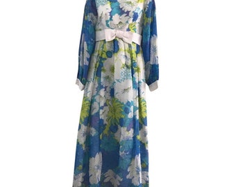 70s Blue Floral Maxi Dress Small