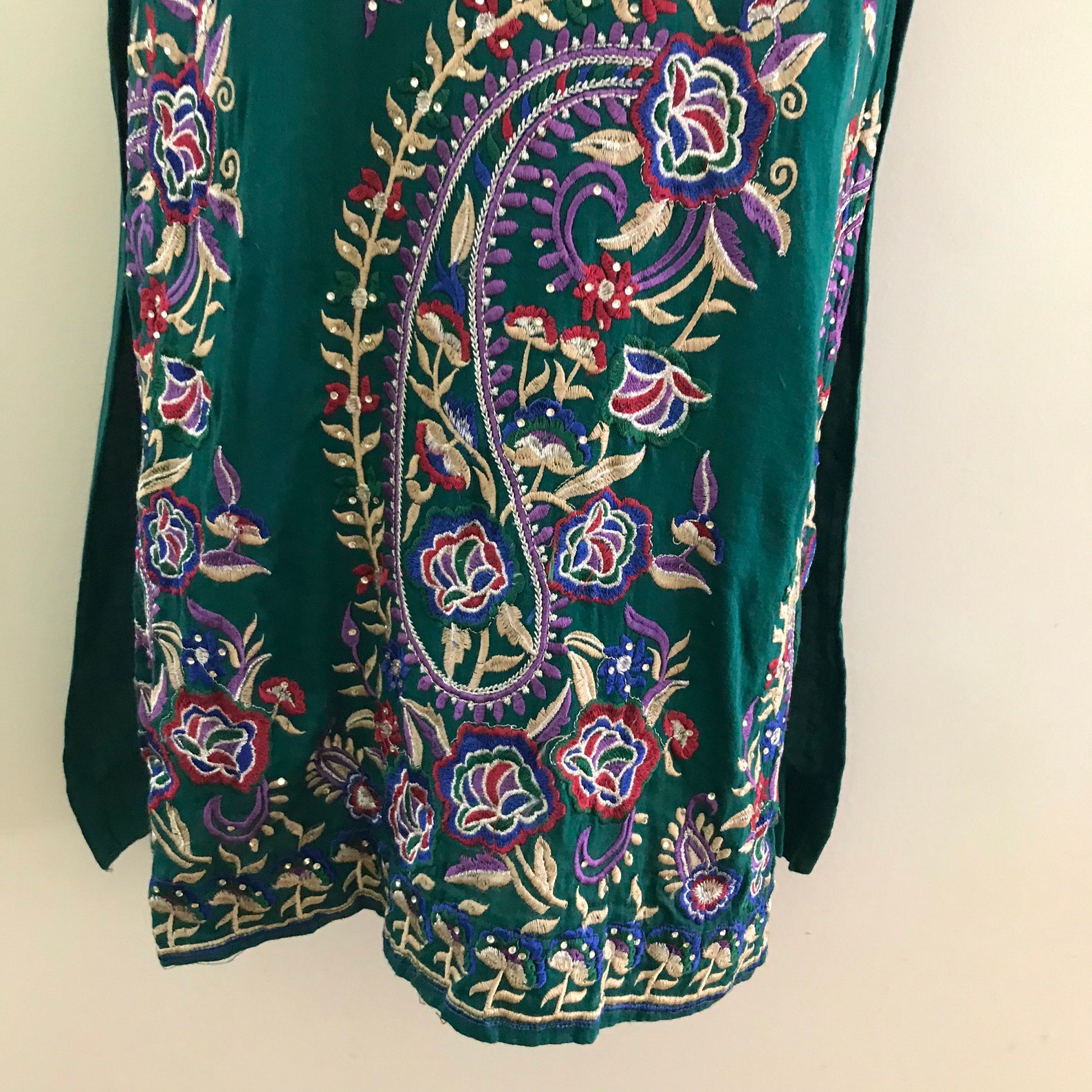 Embroidered Green Dress Paisley Print Dark Green Dress Etsy