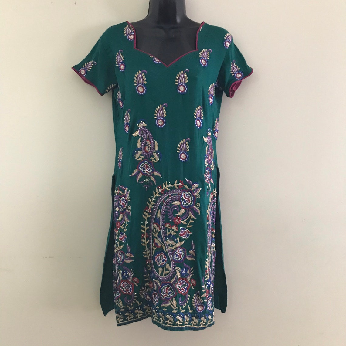 Embroidered Green Dress Paisley Print Dark Green Dress Etsy