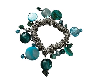 Blue Glass Bead and Shell Stretch Bracelet