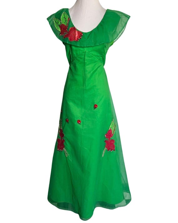 Vintage 1970s Kelly Green Chiffon Maxi Dress with Appliqu Details Medium