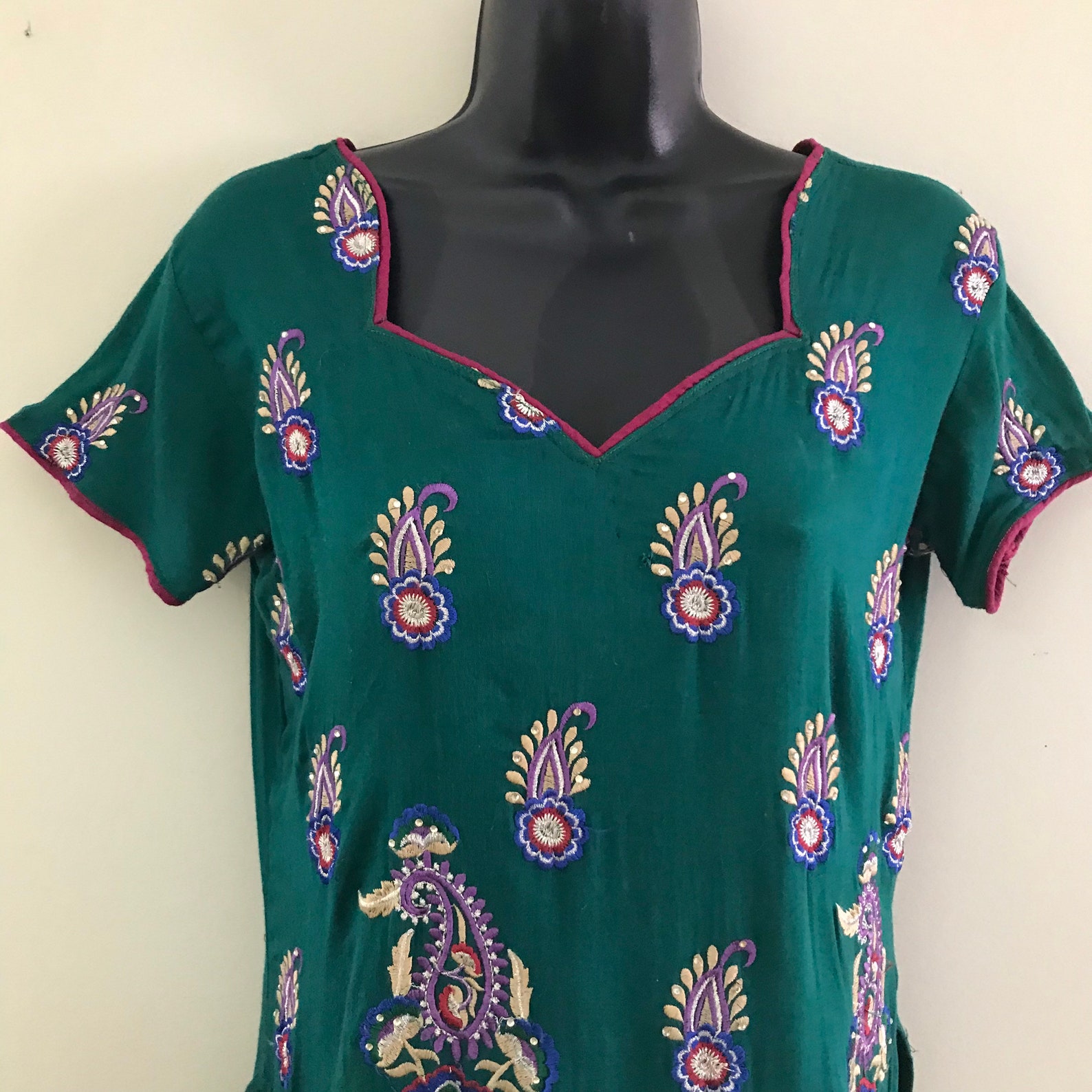 Embroidered Green Dress Paisley Print Dark Green Dress Etsy