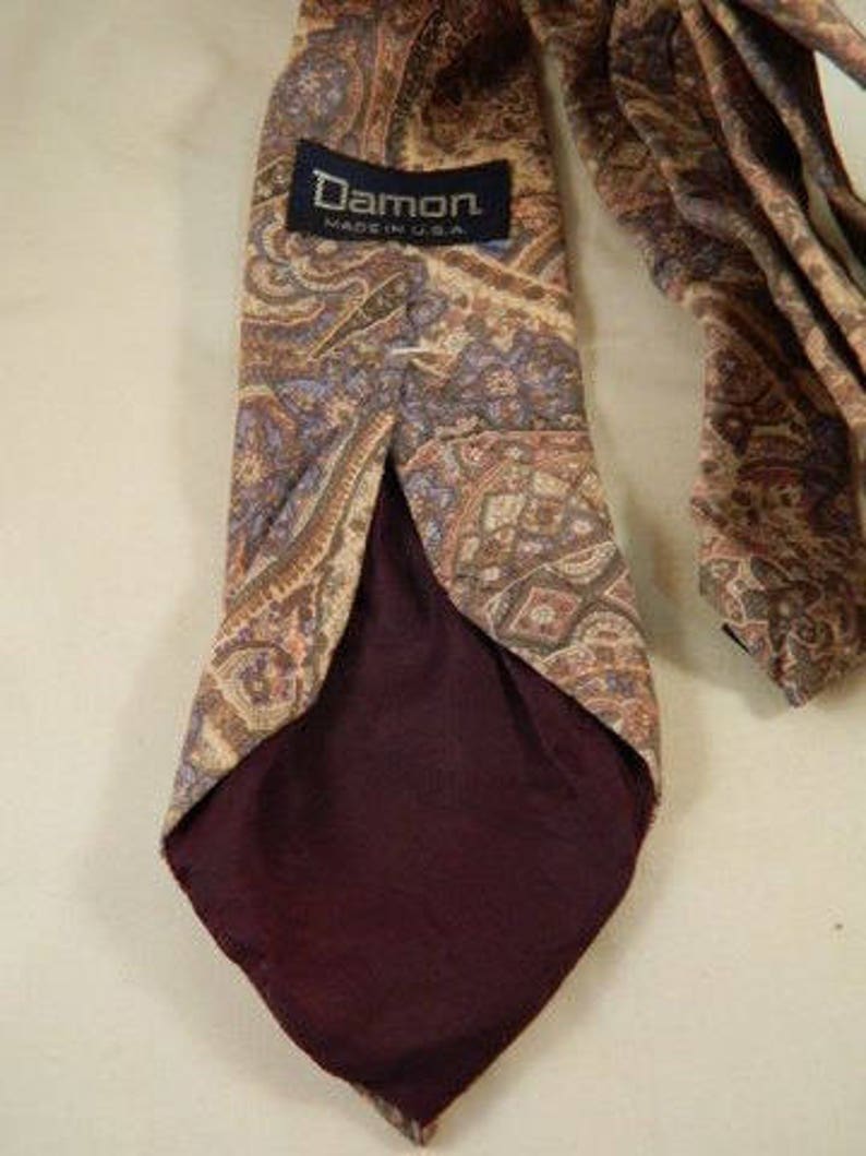 Damon Pastel Paisley Floral Vintage Silk Tie, Italian Silk Tie in Light Blue, Cream, Rose, Lilac Tan Floral Paisley Print, Vintage Tie image 3